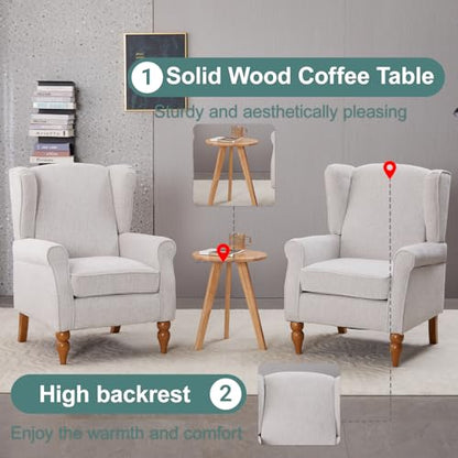 Mid-Century High Wingback Chair Set of 3,Modern Fabric Accent Chair Armchair with Solid Wood Coffee Table,Leisure Single Sofa Chair for Living Room,Club,Home Reception,Beige - color: Beige Set of 2