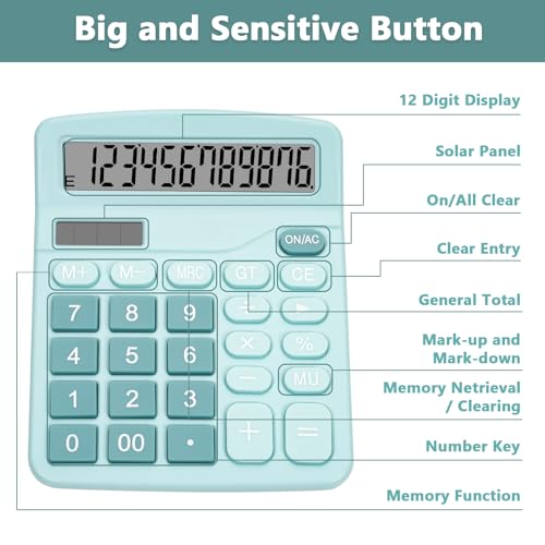 Cute Blue Desktop Calculator with Big Buttons, Dual Power Source | Solar and Battery, Large Display Screen - Perfect for Office, Teachers, and Students (Light Blue) - color: Light Blue