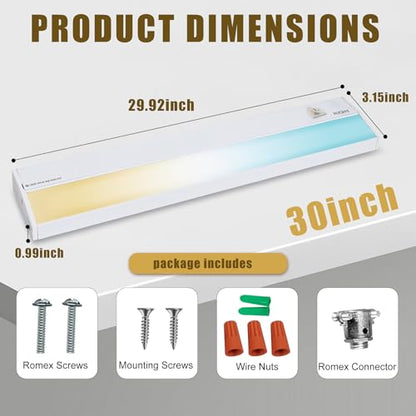 Hardwired Under Cabinet Lighting, 30in 20W LED Light for Kitchen/Closet, 1150lm, CRI>92, R9>90, 5 Color Temperature, Dimmable, 2700K-5000K(Warm White, Cool White, Daylight) - size: 30 inch