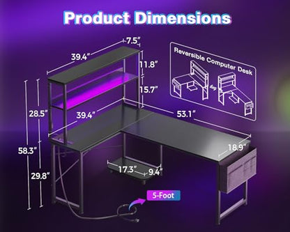 AODK L Shaped Desk Gaming Desk with LED Light & Power Outlet - color: Black, size: 53 Inch
