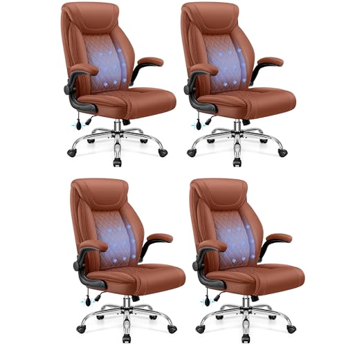 BestGlory Executive Office Chair with Lumbar Support, Big and Tall Ergonomic Computer Desk Chair, Leather Comfy High Back Gaming Chair with Flip Up Arms & Rocking Function for Home Office, Brown - color: Brown, size: 4 Pack