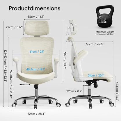 Ergonomic Office Chair:Home Office Desk Chairs with Headrest Lumbar Support | Ergalithic Ergonomic Desk Chair X-Shaped Mesh PU Leather Executive Computer Chair High Back Flip-Up Arms for Long Hour - color: Beige