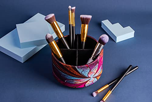 Round Leather Art Supply Organizer,Remote Control Holder,360 Degree Rotating,Multi-Functional Pencil Holder,4 Compartments Desktop Stationary Organizer(1-Fractal Flower) | Round - color: 1-Fractal Flower