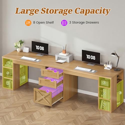 SEDETA Farmhouse 96.5" 2 Person Computer Desk with Storage Drawers | Home Office Desk, Gaming Double Desk with Shelves, Long Two Person Writing Desk, Oak - color: Oak