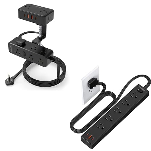 HOPOW 6 Ft Surge Protector Power Strip & Dual Layer Desk Clamp Power Strip with USB C for Home Office Dorm, Black