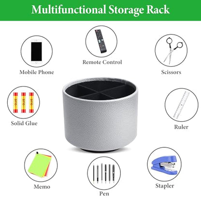 Round Leather Art Supply Organizer,Remote Control Holder,360 Degree Spinning,Multi-Functional Pencil Holder,4 Compartments Desktop Stationary Organizer(1-Lichee Silver) - color: 1-Lichee Silver