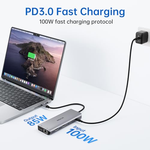 USB C Laptop Docking Station Dual Monitor Dual HDMI 4K DP Triple Display Hub, 13 in 1 MOKiN USB C Hub with 3 Monitors, DisplayPort, USB 3.1, RJ45, 100W PD, Card Reader, Audio/Mic, for Dell HP Lenovo