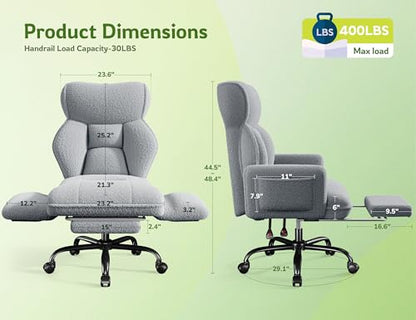 DurayLoly Big and Tall Office Chair with Footrest & Adjustable Armrests | 145° Reclining Backrest, Soft Teddy Fleece, Height Adjustable & 360° Swivel for Home Office, Bedroom - Grey - color: Grey