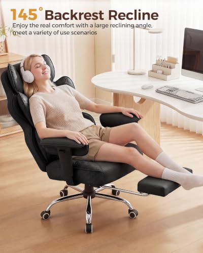 COMHOMA Big and Tall Office Chair Heavy Duty Gaming Chair with Deluxe Embossing Leather High Back Wider Ergonomic Computer Chair with Foot Rest 145°Reclining Pocket Spring Lumbar Support - color: Pure Black