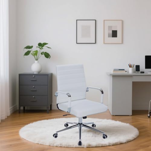 White Leather Ribbed Office Mid-Back Desk Conference Chair with Wheels | Ergonomic Mid-Back Executive Chairs with Wheels Adjustable Swivel Computer Task Desk Chair with Arms and Thick Padded Seat - color: White, size: Mid Back