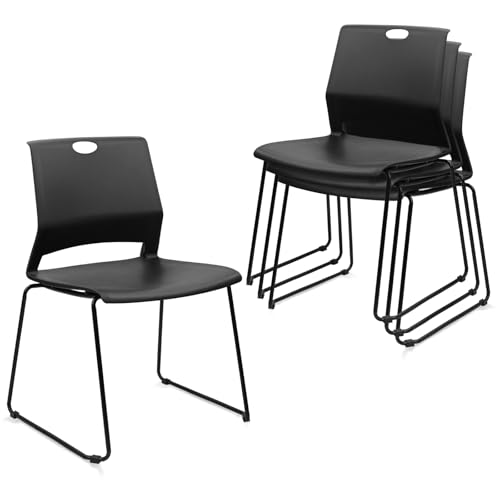 KLASIKA Stackable Guest Reception Chairs, Stacking Office Chair with Ergonomic Lumbar Support & Metal Legs, Plastic Desk Chairs for Conference School Church Waiting Meeting Break Room Set of 4, Black - color: Bella_black, size: 4 Pack