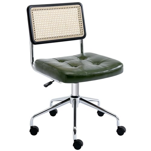 Zesthouse Leather Office Desk Chair with Wheels, Mid Century Rolling Desk Chair with Natural Rattan Back, Modern Swivel Home Office Chair, Small Height Adjustable Computer Task Chair, Green - color: Green, size: Armless