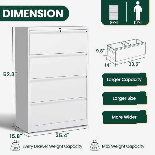 4 Drawer Lateral File Cabinet, Metal Filing Cabinet for Home Office, White | Heavy-Duty Steel Locking Large File Cabinet, Hanging Letter/Legal/A4 Size, Full-Extension Silent Drawer, Un-Assembly - color: White, size: 4 Drawers (35.43 in Width)