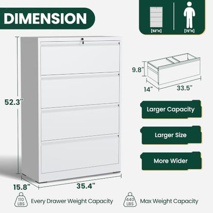 4 Drawer Lateral File Cabinet, Metal Filing Cabinet for Home Office, White | Heavy-Duty Steel Locking Large File Cabinet, Hanging Letter/Legal/A4 Size, Full-Extension Silent Drawer, Un-Assembly - color: White, size: 4 Drawers (35.43 in Width)