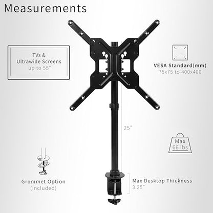 VIVO Ultra Wide TV Desk Mount for up to 55 inch Screens Weighing 66 lbs, Full Motion Height Adjustable Single Television Stand, Black, STAND-V155C - color: Black, size: up to 55" screens