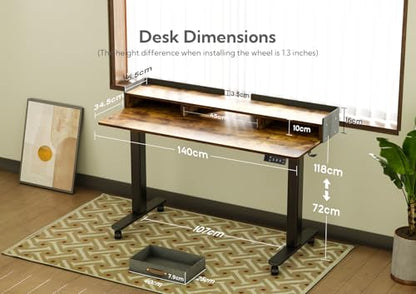 Claiks Standing Desk with Drawers & Wheels, 2 Height Shelf 55" Rustic Brown - color: Rustic Brown, size: 55.1×23.6
