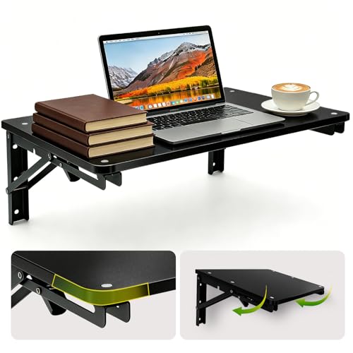 Wooden Folding Shelf Wall Mounted for Small Space, Fold Down Desk for Home | Black Wall Table for Living Room Bedroom Decor, Media Shelves with Heavy-Duty Brackets Holds Up to 30lbs, 21.6"*11.8" - color: Black, size: 21.6"*11.8"