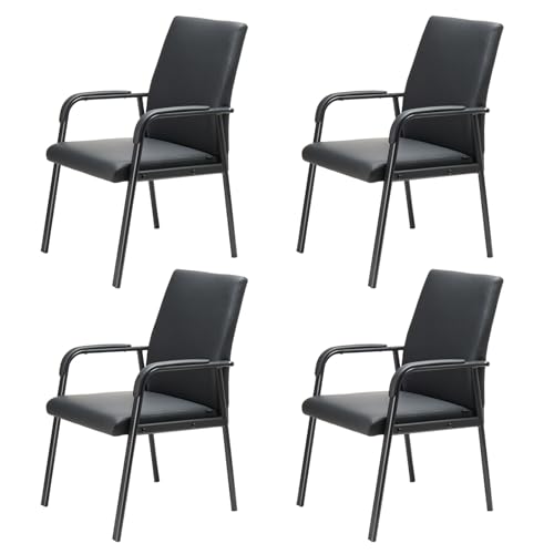 4 Pack Black Leather Office Desk Chair No Wheels 600 lbs Capacity | Modern High Back Reception Guest Conference Room Waiting Room Chairs with Padded Armrests for Seniors - size: 4 PACK