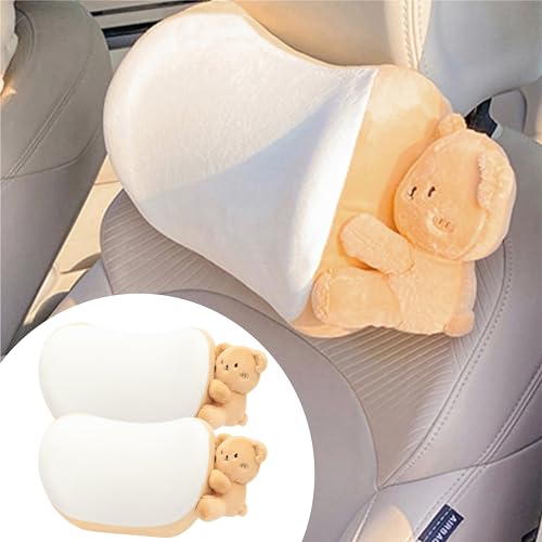 Car Headrest Pillow 2PCS Plush Bear ＆ Bunny Car Seat Headrest Pillow - Memory Foam Neck Support Cushions for Comfortable Driving, Easy Install & Washable (Brown) - color: Brown