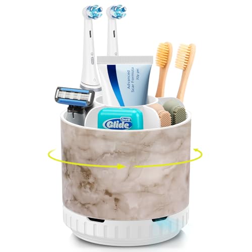 GFWARE Rotating Marble Toothbrush Holder for Bathroom Organizer, Drainage - color: Marble