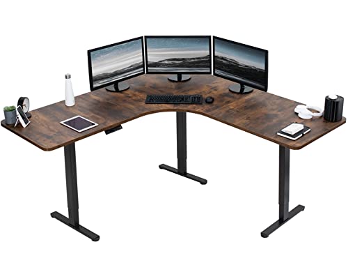VIVO Electric Height Adjustable 71 x 71 inch Curved Corner Stand Up Desk, Rustic Vintage Brown Table Top, Black Frame, Memory Controller, L-Shaped Workstation, E3C Series, DESK-KIT-E3CBN - color: Vintage Brown Top / Black Frame, size: 71" x 71"