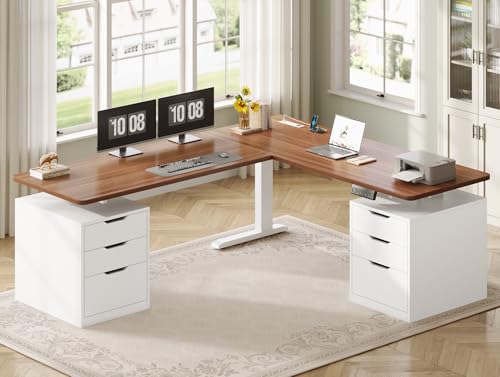 SEDETA L Shaped Electric Standing Desk, 66.9" x 57.1" Height Adjustable Corner Desk with 6 Drawers & Built-in Power Outlet, 3 Memory Presets, 200lbs Capacity, White + Brown - color: White, size: L Shaped Standing Desk