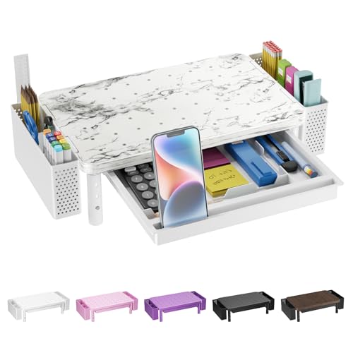 WALI Computer Monitor Stand with Storage and Pen Holder | 3 Height Adjustable Desk Organizer with Drawer, Desk Laptop Monitor Riser for Computer, Printer(PTT003-M), 1 Pack, Marble - color: Marble, size: 14.6"L * 9.3"W,11" 1 Drawer, 2 Pen Holder