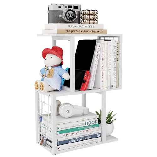 Small Desktop Bookshelf Organizer, White 3-Tier Desk Shelf with Metal Hook Workspace Organizers for Desk Organization and Office Storage Table Bookcase - color: White