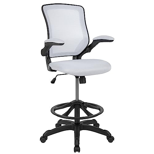 EMMA + OLIVER Mid-Back White Mesh Drafting Chair - color: White