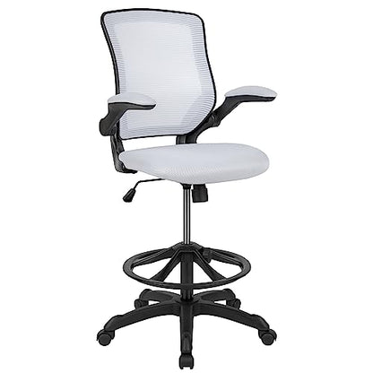 EMMA + OLIVER Mid-Back White Mesh Drafting Chair - color: White