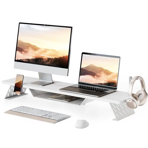 Fenge Dual Monitor Stand, Wooden Desk Shelf with Headphone & Phone Holder | 42.5" Monitor Riser with Storage Shelf, 2-Tier Monitor Shelf with Metal Leg for Home Office Organizer, White - color: White