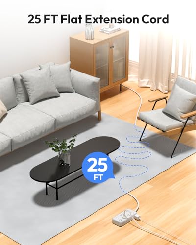Flat Extension Cord 25 FT, NTONPOWER Long Power Strip, 10 Outlets 4 USB Ports (2 USB C), 3 Side 3 Prong & 2 Prong, Overload Protection, Flat Plug Wall Mount, White, SurgePro (Pack of 2) - size: 25 FT (Pack of 2)