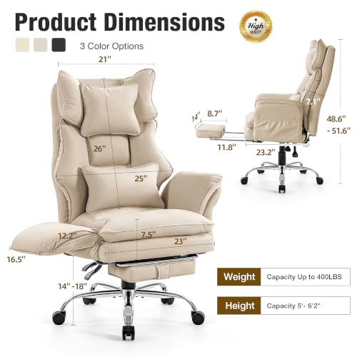 Executive Leather Criss Cross Office Chair with Foot Rest &Flip Arms | Big and Tall 155° Reclining Desk Chair with Wide Seat for Cross Legged Sitting for Home Office, PU Leather, 400LBS - color: Khaki