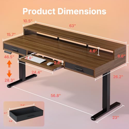 HUANUO 63″ x 26″ Electric Standing Desk with 2 Drawers &24.4″ Large Keyboard Tray, C-Clamp Mount Compatible, Adjustable Computer Desk for Office, Sit Stand Up Desk with 4 Height Presets, Deep Walnut - color: Deep Walnut, size: 63*26 inch