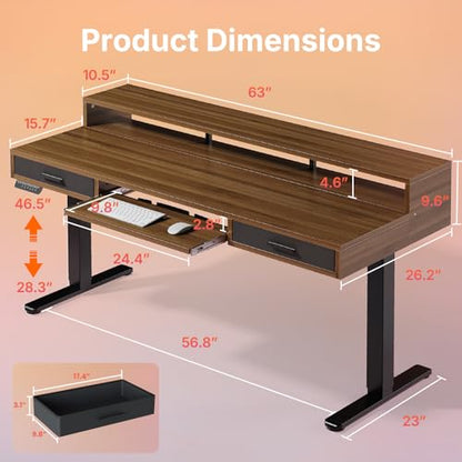 HUANUO 63″ x 26″ Electric Standing Desk with 2 Drawers &24.4″ Large Keyboard Tray, C-Clamp Mount Compatible, Adjustable Computer Desk for Office, Sit Stand Up Desk with 4 Height Presets, Deep Walnut - color: Deep Walnut, size: 63*26 inch