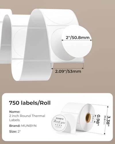 MUNBYN RW403B Bluetooth Thermal Label Printer+2 Inch Circle Thermal Sticker Labels+Label Holder for Rolls and Fanfold Labels