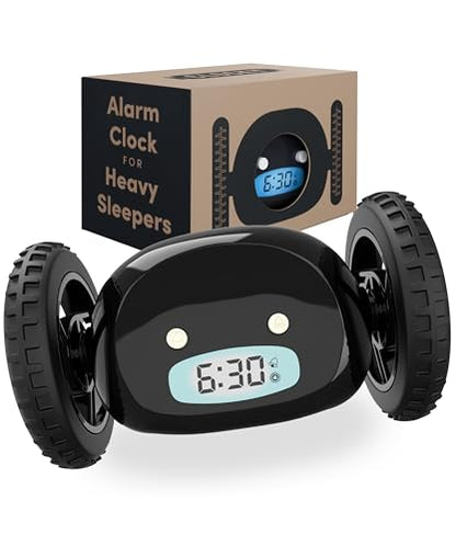 CLOCKY Runaway Digital Loud Rolling Alarm Clock for Heavy Sleeper Adults - color: Black Black Wheels