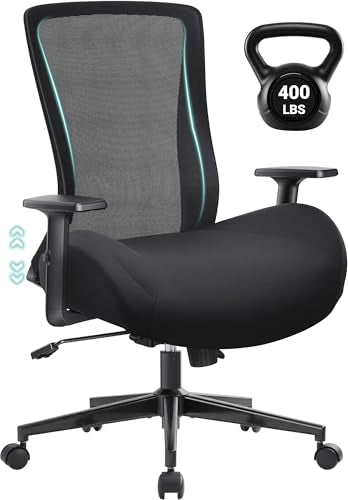 Big and Tall Home Office Desk Chair 400lb Capacity for Heavy People, Ergonomic Wide Mesh Desk Chair with Stepless Recline & Lock, 5.5" Thick Cushion, High Back, Adjustable Height & Armrests - color: Black