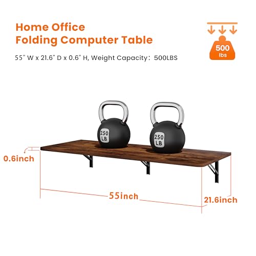 IAE Wall Mount Folding Desk,Floating Computer Desk for Small Spaces,Rustic | 55x22in engineered wood desktop with metal brackets, folds flat to save space in home office, apartment and laundry room - color: Rustic, size: 55"*22"