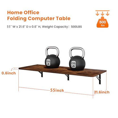 IAE Wall Mount Folding Desk,Floating Computer Desk for Small Spaces,Rustic | 55x22in engineered wood desktop with metal brackets, folds flat to save space in home office, apartment and laundry room - color: Rustic, size: 55"*22"