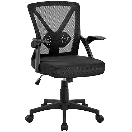 Yaheetech Mid-Back Mesh Task Office Desk Chair with Flip-up Arms, Black | Breathable mesh back and foam-padded seat for all-day comfort; sturdy metal frame, height adjustable, and easy to assemble - color: Black, style: Contemporary