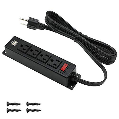 Mountable Power Strip with USB Ports,Wall Mount Power Outlets Screw Down Power Socket in Desk Under Cabinet Power Station 4AC Outlet 2 USB 6.56 Feet Extension Cord, On&Off Switch Black - size: 4AC+USB