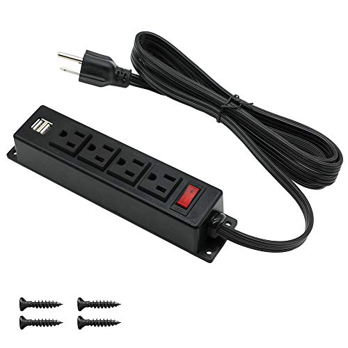 Mountable Power Strip with USB Ports,Wall Mount Power Outlets Screw Down Power Socket in Desk Under Cabinet Power Station 4AC Outlet 2 USB 6.56 Feet Extension Cord, On&Off Switch Black - size: 4AC+USB