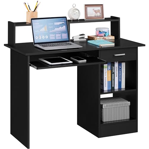 Yaheetech Computer Desk with Keyboard Tray, Drawers, and Shelves, Black | This Desk Has a Pull-Out Keyboard Tray, a Drawer, and an Adjustable Open Shelf for Books, Files, and Home Office Supplies. - color: Black