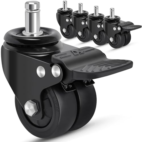 Nefish Office Chair Caster Wheels with Brake, 11mm, 2 Inch Heavy Duty Rubber Office Chair Wheel Replacement, Support 750lbs(Set of 5), Quiet Desk Chair Rollers, Safe for All Floors, Universal Fit - size: 11mm（With Brake）