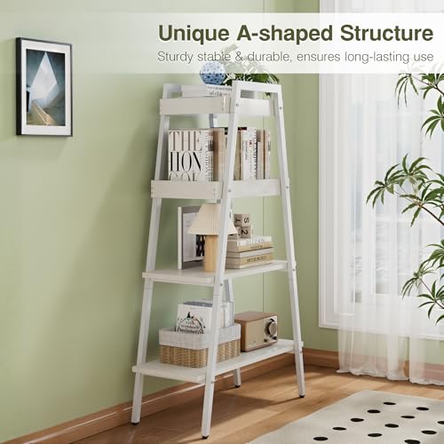 VECELO Ladder Shelf, 4-Tier Bookshelf with Enclosed Edges Design, Wooden Storage Rack Freestanding Bookcase for Living Room Home Office, White