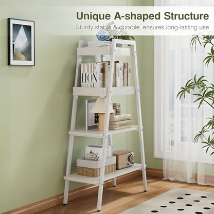VECELO Ladder Shelf, 4-Tier Bookshelf with Enclosed Edges Design, Wooden Storage Rack Freestanding Bookcase for Living Room Home Office, White