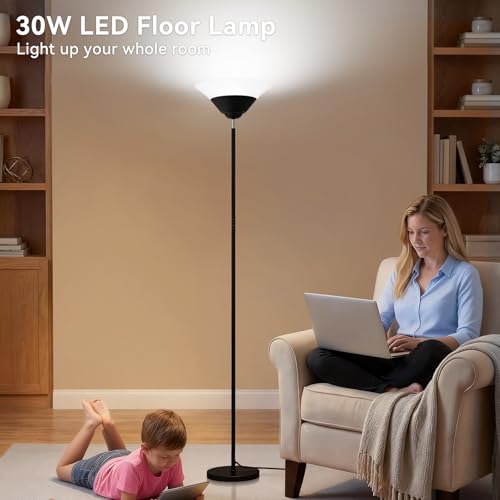 SIBRILLE Torchiere Floor Lamp, 72 Inch 30W LED Standing Lamp, 1800LM, Stepless Dimmable, 3000K-6500K, Remote and Button Control, Modern Pole Light for Living Room Bedroom Office, Black - color: Black