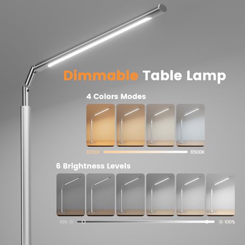 Silver LED Desk Lamp, 16" Dimmable Metal Desk Light with Base, 15W 1200LM, Adapter Included, Color & Brightness Adjustable, Modern Tall Table Lamp for Home Office Reading Study Task Laptop - color: Silver