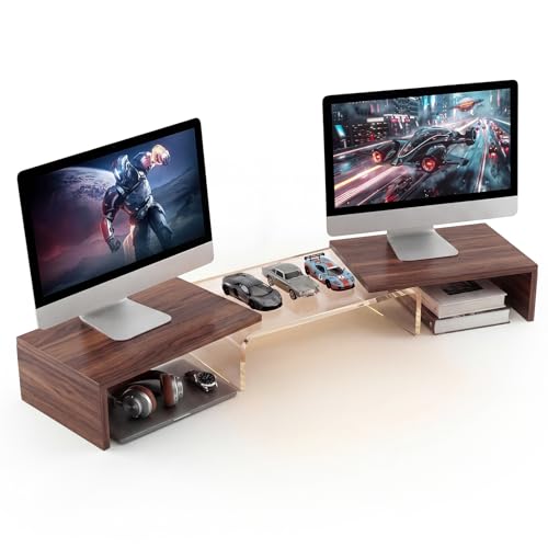 High-Clarity Dual Monitor Riser, Acrylic Monitor Riser, Adjustable Angle & Length Computer Monitor Stand, Wide Desk Shelf for Top of Desk for Home Office_Walnut Look Small - color: Walnut, size: 36 in